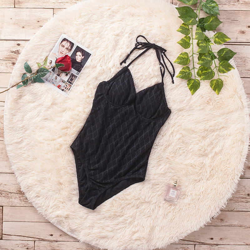 New one piece swimsuit women's suspenders gathered lace hollowed out slimming belly cover sexy swimsuit