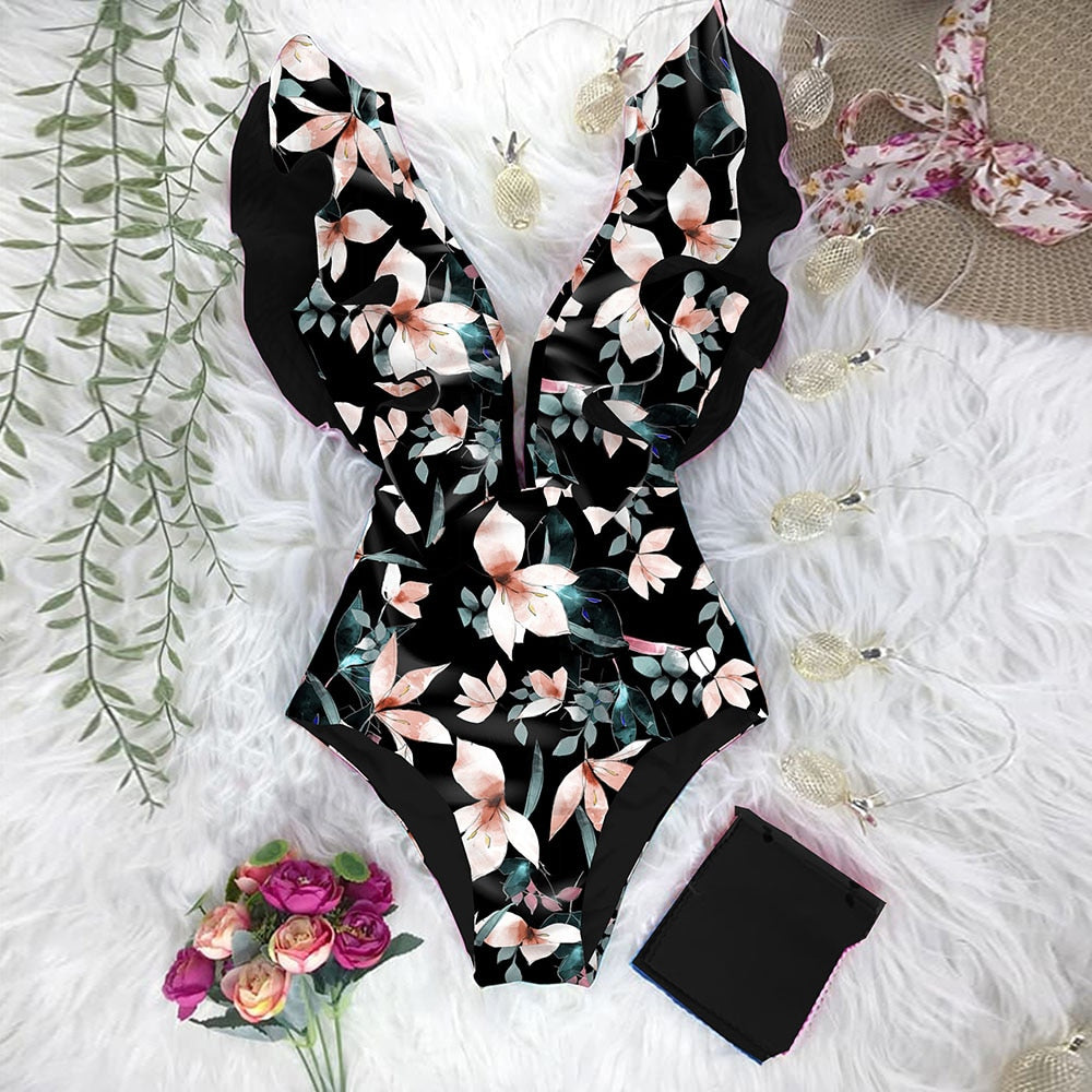 New Print Swimwear Deep V-neck Ruffle Swimsuit Push Up One Piece Swimsuit Beach Wear Backless Monokini