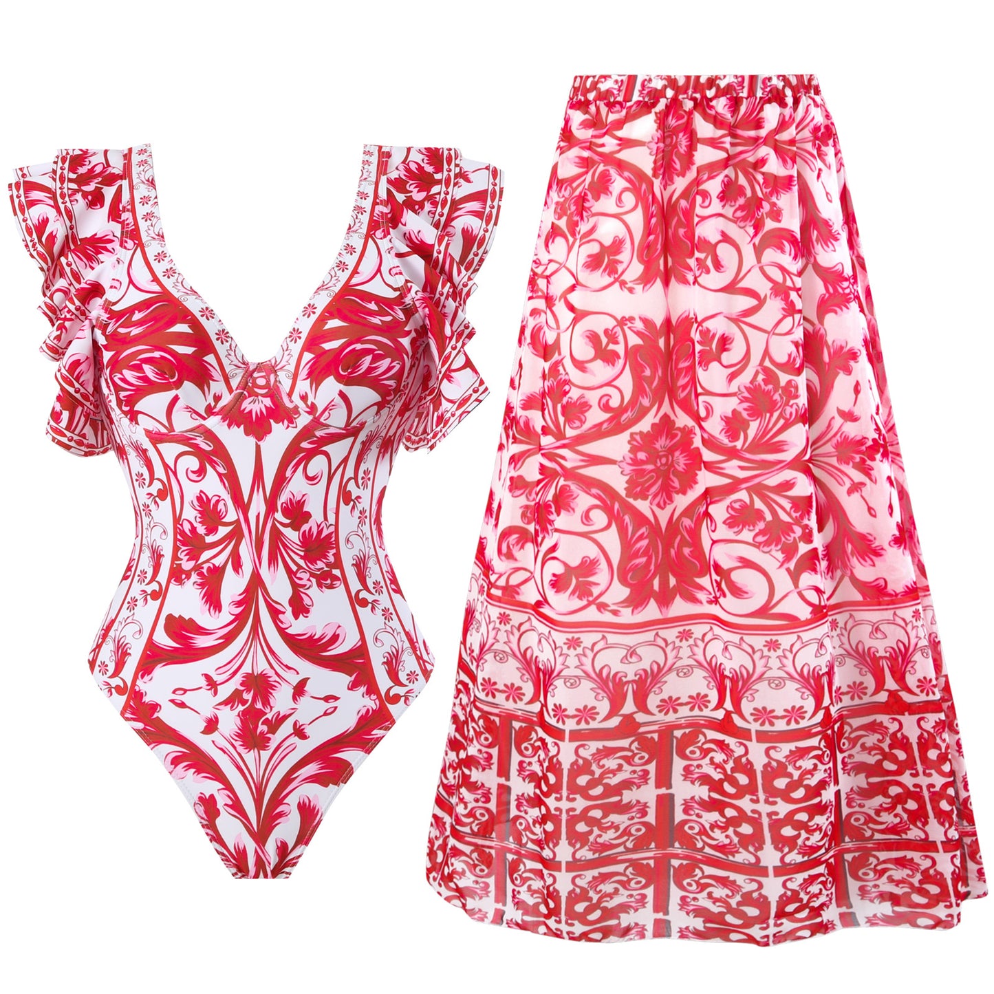 Women‘s  Swimsuit and Skirt Sexy Red 3D Flower One Piece  bikini set  two pieces Swimwear Beachwear Bathing Suit Monokini