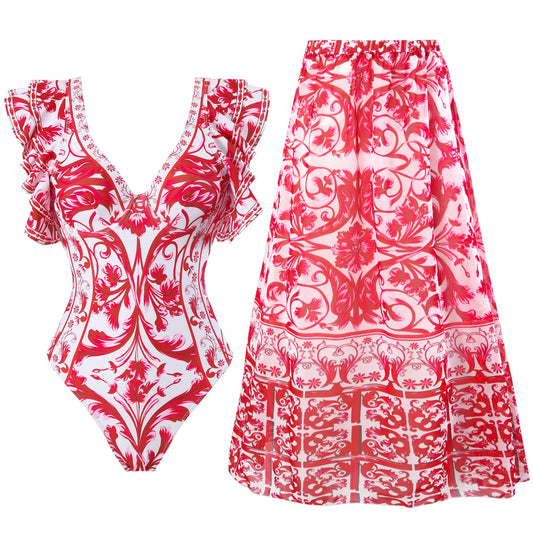 Women‘s  Swimsuit and Skirt Sexy Red 3D Flower One Piece  bikini set  two pieces Swimwear Beachwear Bathing Suit Monokini