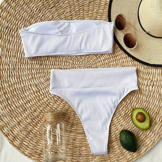 High Waist Bikinis Bandeau Swimsuits Swimwear Women Black Strapless Biquini High Cut Bathing Suit Women Beachwear