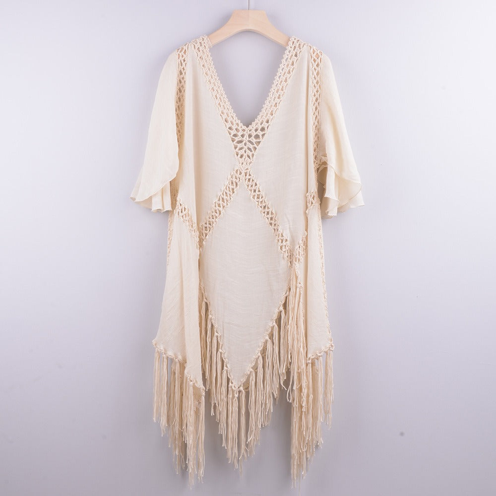 New European And American Style Hand Hook Patchwork Sun Protection Top Coat With Fringe Irregular Bikini Beach Cover