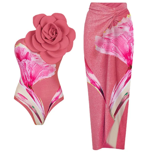 New One Piece Swimsuit Women Swimwear 3D Big Flower Decorative Printed Swimsuit Monokini Sexy Swimwear Girls Summer Beach