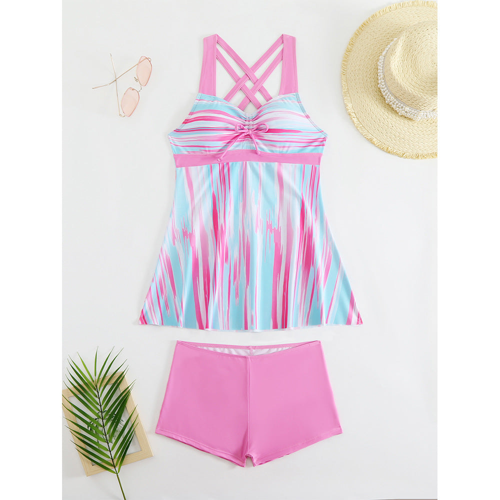 European and American printed split swimsuit women's skirt conservative hot spring bikini