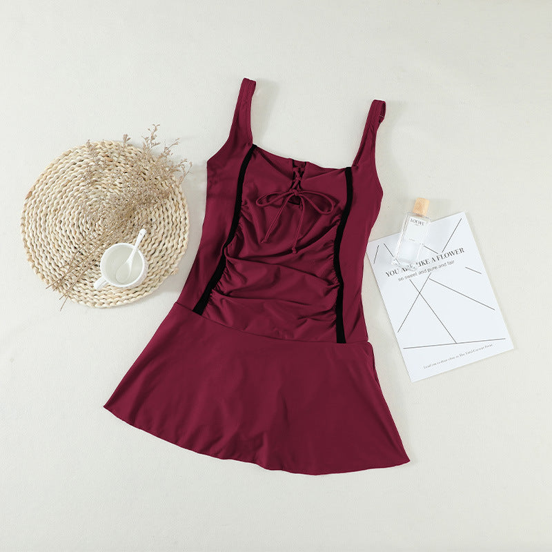 Skirt style one piece swimsuit summer new solid color pleated suspenders conservative swimsuit women