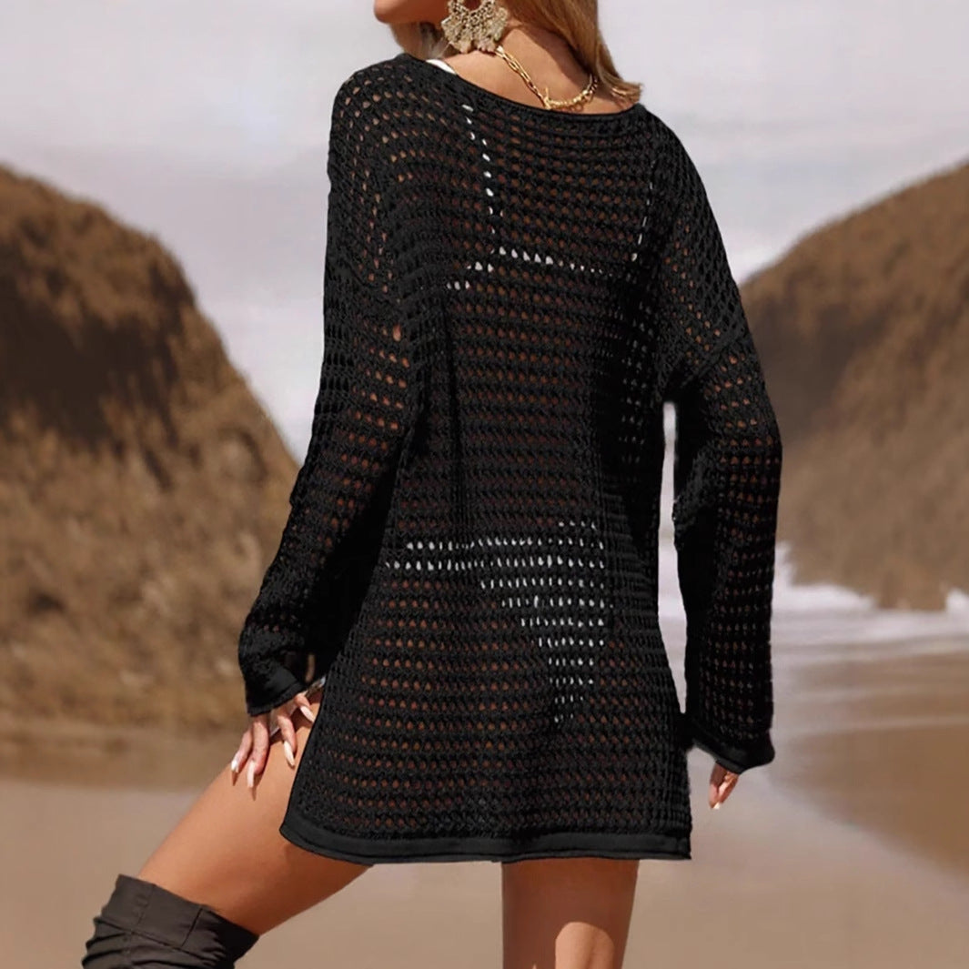 Hollow grid sexy bikini with long sleeved side slit beach cover