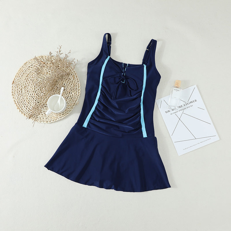 Skirt style one piece swimsuit summer new solid color pleated suspenders conservative swimsuit women