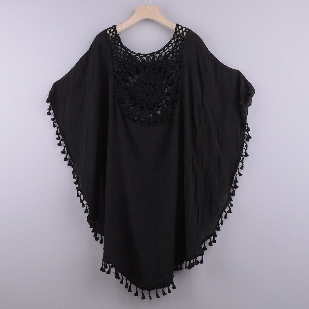 New Sexy Off Shoulder Hollowed Out Loose Fitting Oversized Tassel Bikini Inse Style With Beach Cover Up