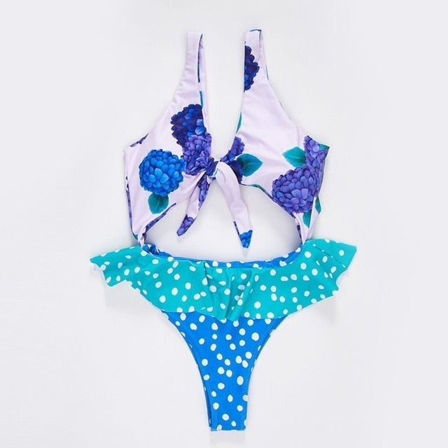 Sexy Bikinis Sets  One Piece Swimsuit Women Print Swimwear Tie Beach Wear Irregular Bathing Suit Ruffle Biquini