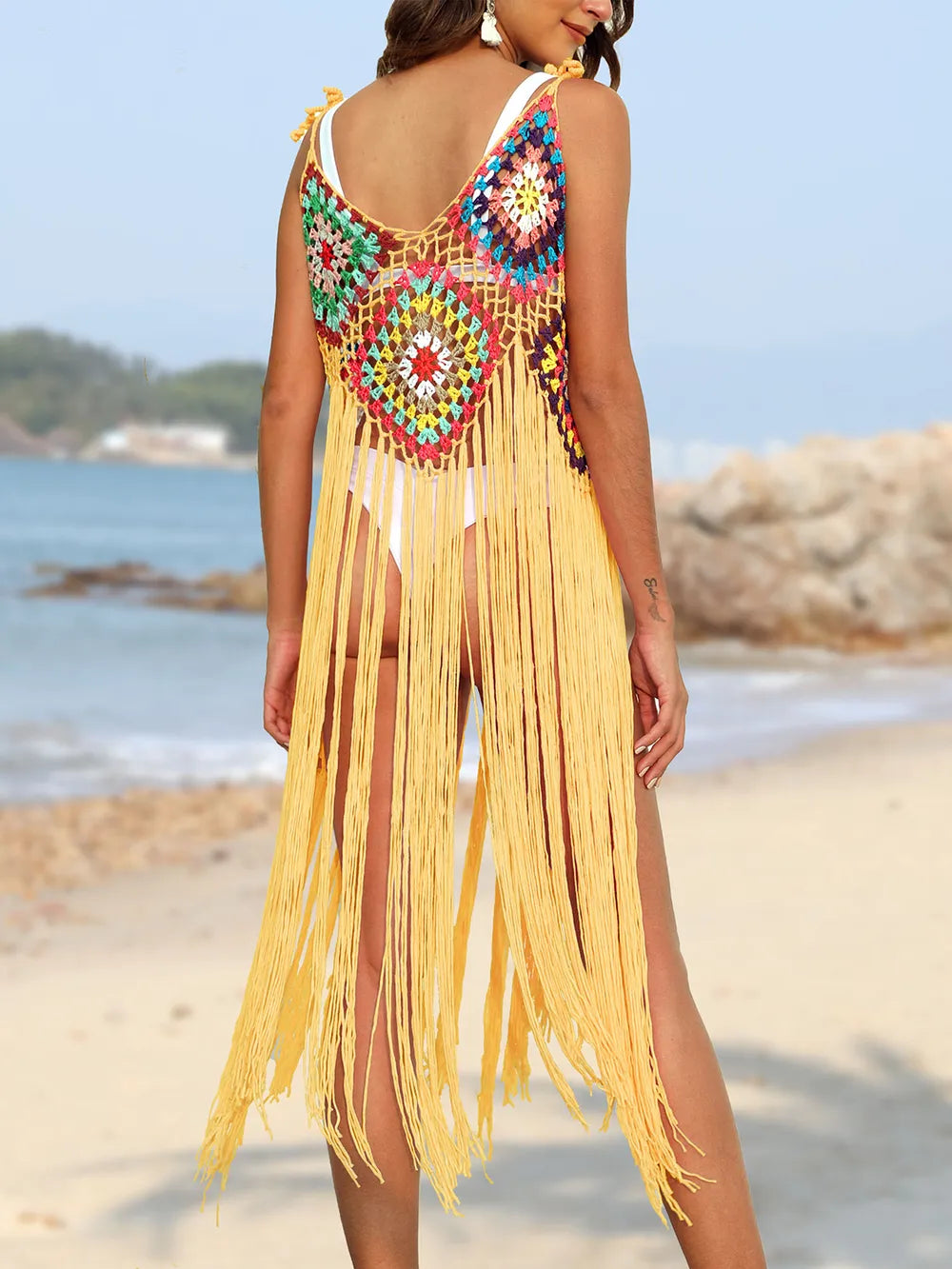 Women's pure hand hook long tassel splicing beach vacation cover shirt sexy suspender skirt