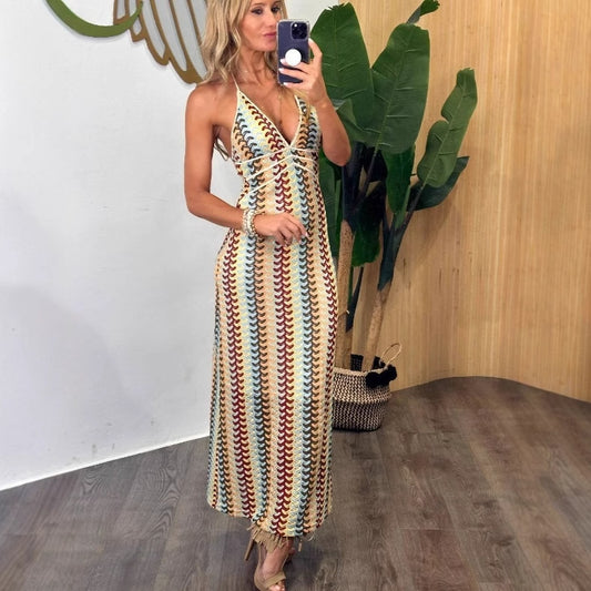 Deep V-neck sexy beach cover bikini hanging neck chic contrasting dress