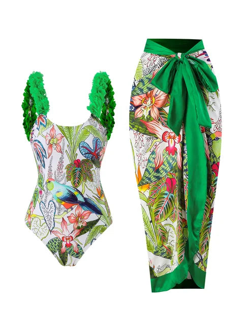 Print Bubble Band One-piece Swimsuit Conservative One-Piece Suits Women Beach Slim Bikini and Skirt Vintage Swimsuit