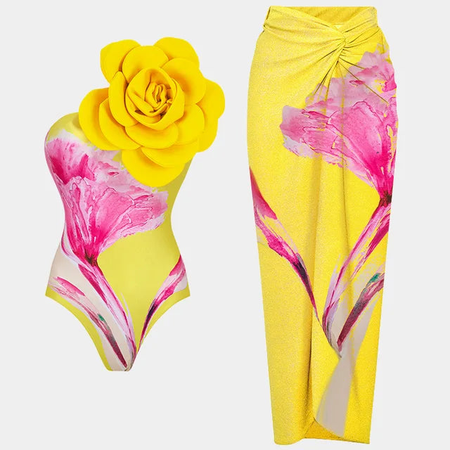 New One Piece Swimsuit Women Swimwear 3D Big Flower Decorative Printed Swimsuit Monokini Sexy Swimwear Girls Summer Beach