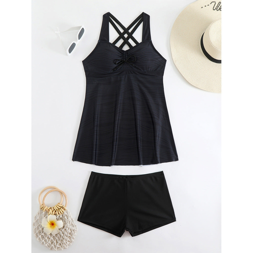 European and American printed split swimsuit women's skirt conservative hot spring bikini