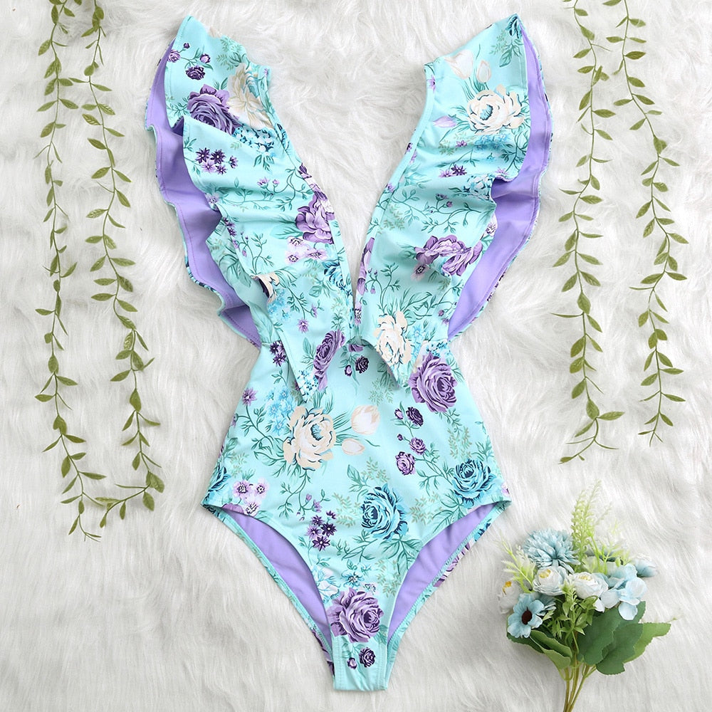 New Print Swimwear Deep V-neck Ruffle Swimsuit Push Up One Piece Swimsuit Beach Wear Backless Monokini