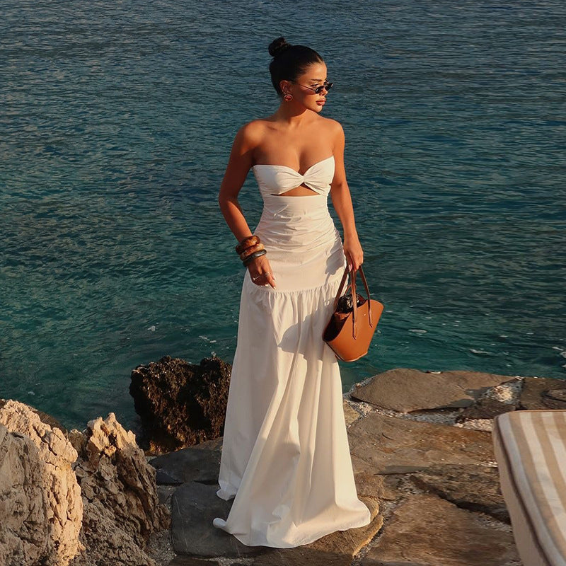 Beach style fake strapless hollow dress for women