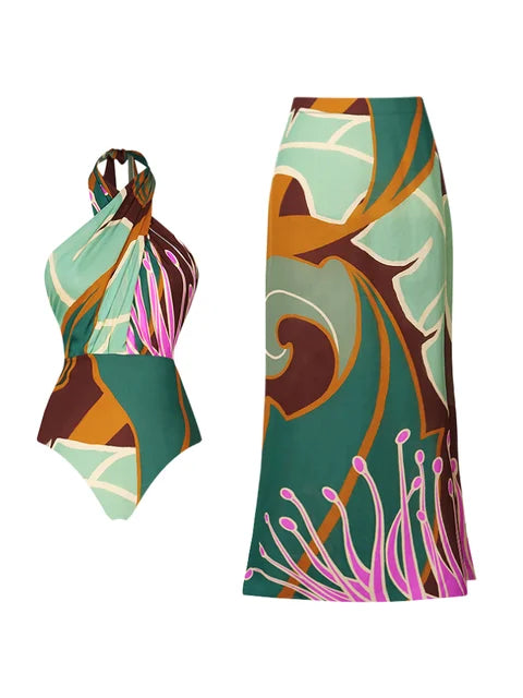 Women's swimsuit Printed One Piece Swimsuit and Skirt Summer Swimwear Women Beachwear Bathing Suit bikini tankini