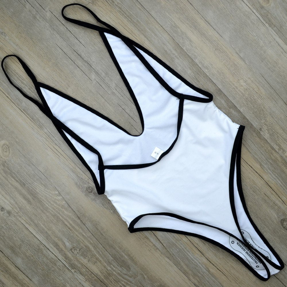White Sexy Deep V One Piece Swimsuit Thong Swimwear Women Trikini 2018 Bodysuit High Cut Female Monokini Backless Bathing Suit