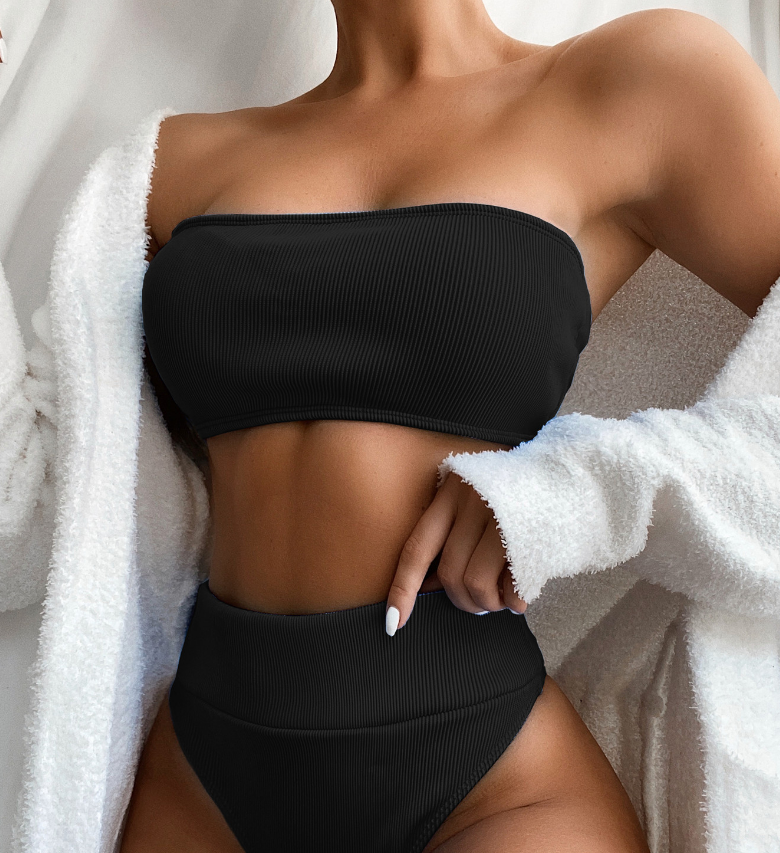 High Waist Bikinis Bandeau Swimsuits Swimwear Women Black Strapless Biquini High Cut Bathing Suit Women Beachwear
