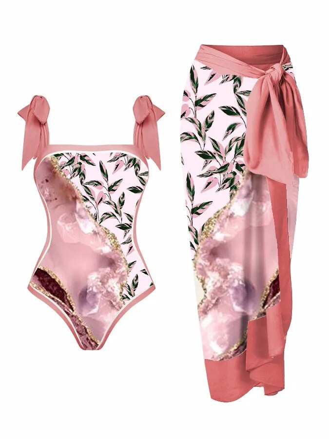 New Swimwear Set Multicolor Printed Chiffon Long Skirt One-Piece Sunscreen Swimsuit Beachwear Cover Up Bikini Bathing Suits