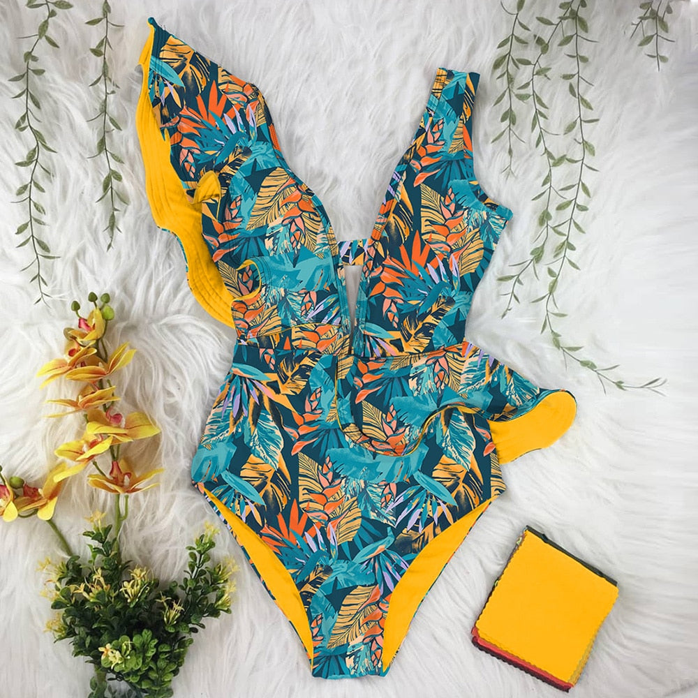 New Print Swimwear Deep V-neck Ruffle Swimsuit Push Up One Piece Swimsuit Beach Wear Backless Monokini