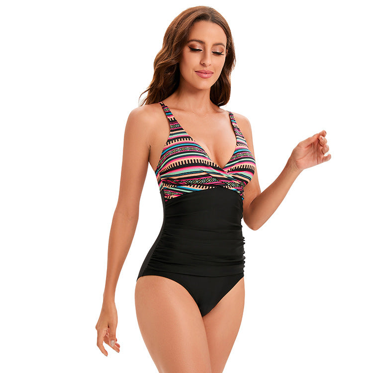 New One-Piece Triangle Swimsuit Women's V Neck Color Matching Shrink Wrinkle Cover Belly Sexy Backless