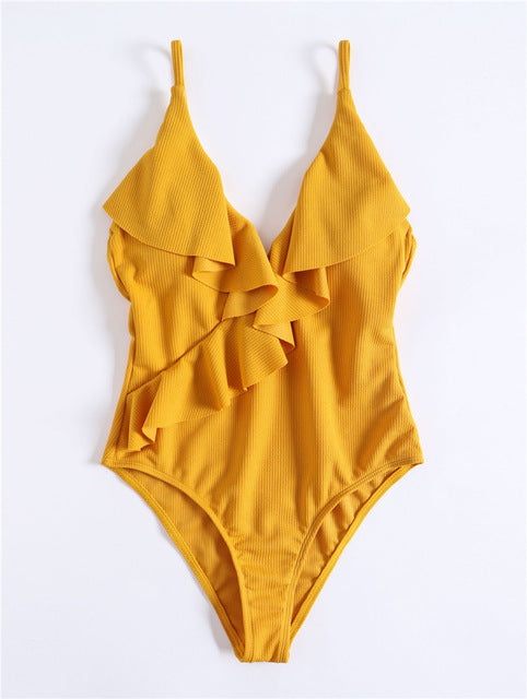 Sexy Solid Yellow One Piece Swimsuits For Female Women Print Floral Swimwear Bandage Backless Ruffle Brazilian Monokini