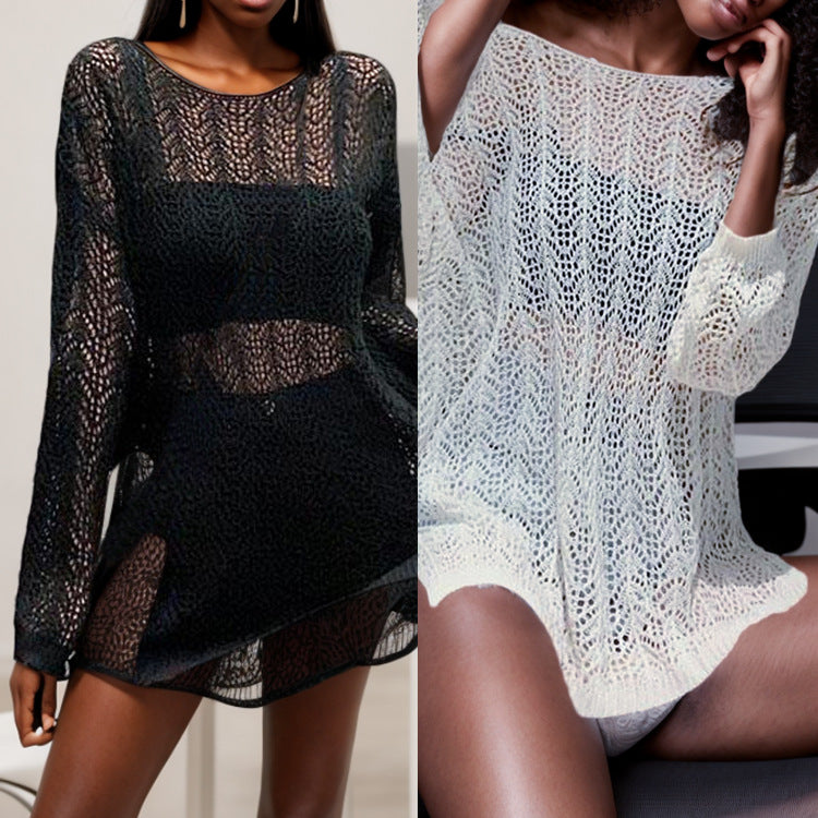 Spring Summer New One-Shoulder Knit Cover-Up Long Sleeve Hollow-Out Slit Loose Knit Beach Dress Sun Protection Shirt for Women