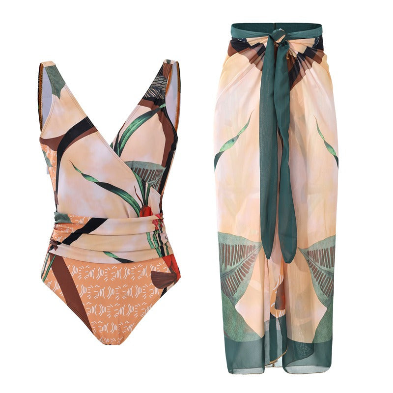 Vintage printed swimsuit conservative One-piece swimsuit women's printed beach skirt suit