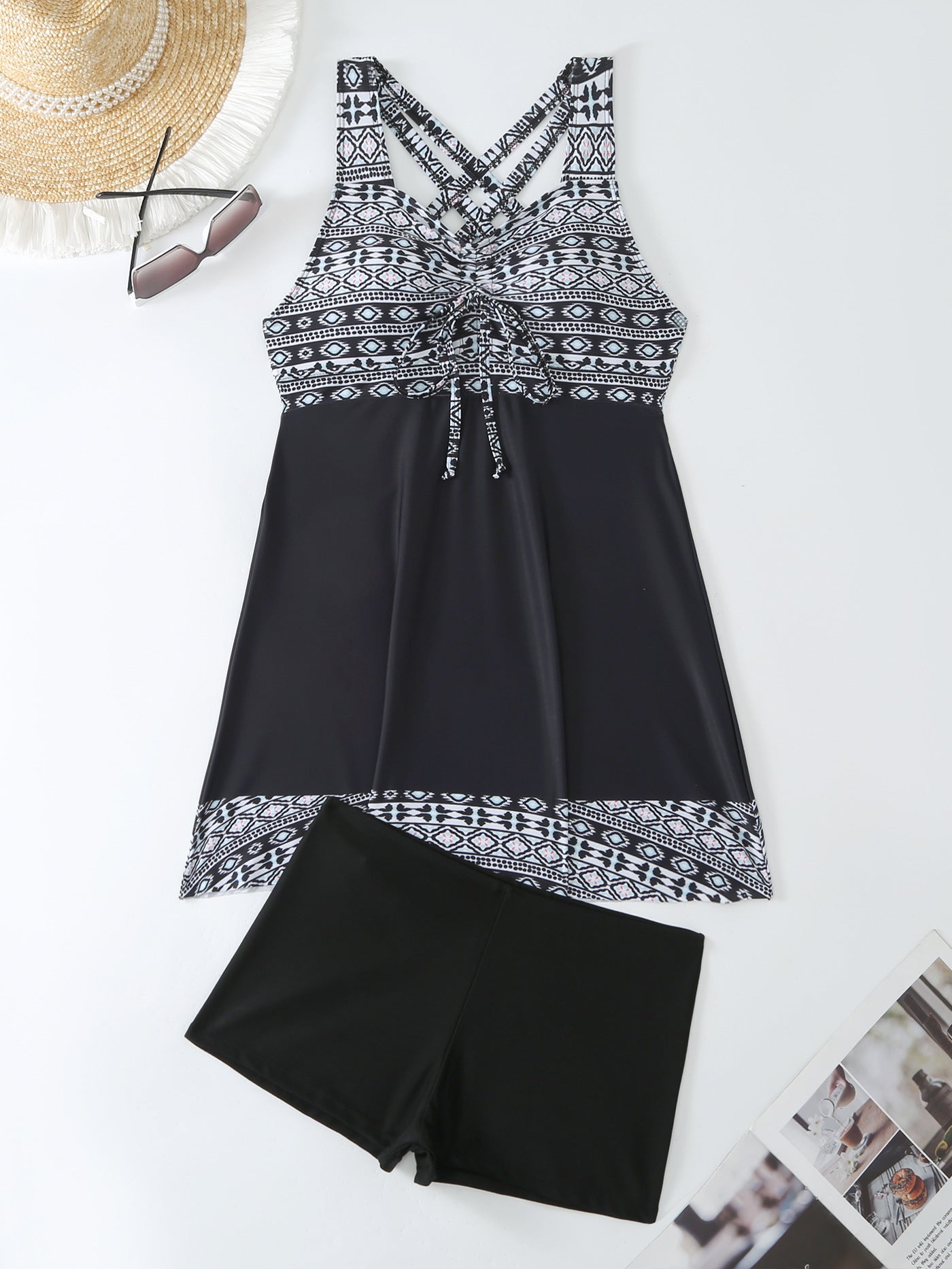 European and American printed split swimsuit women's skirt conservative hot spring bikini