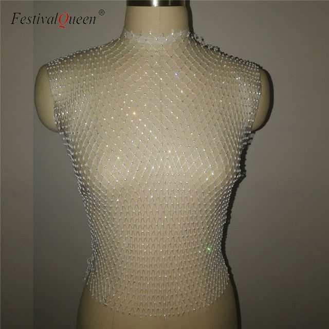 Sexy Diamonds Mesh Cropped Tank Top Women Summer Cover Up Bikini See Through Rhinestone Beach Party Crop Tops