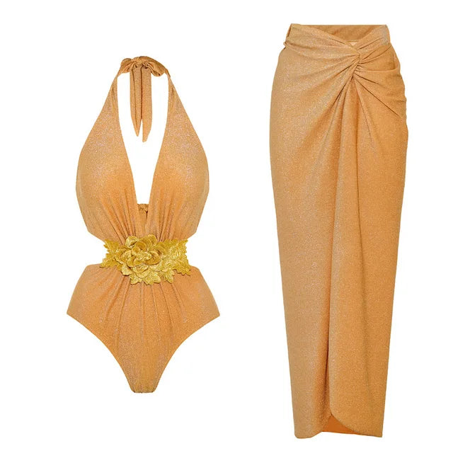 Retro Bikini Printed Fashion One Piece Swimsuit And Cover Up With Skirt Tight Women's Bandage Summer Beach Luxury Elegant
