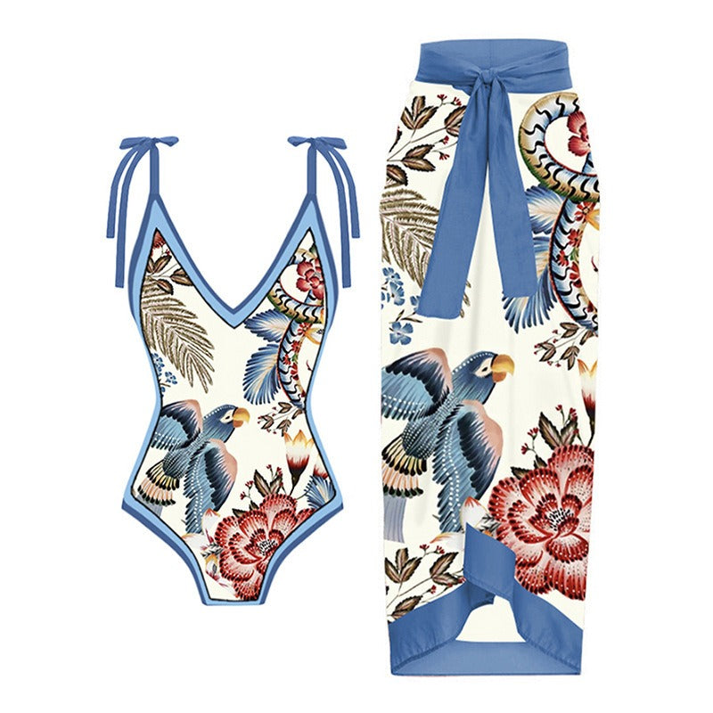 Vintage printed swimsuit conservative One-piece swimsuit women's printed beach skirt suit