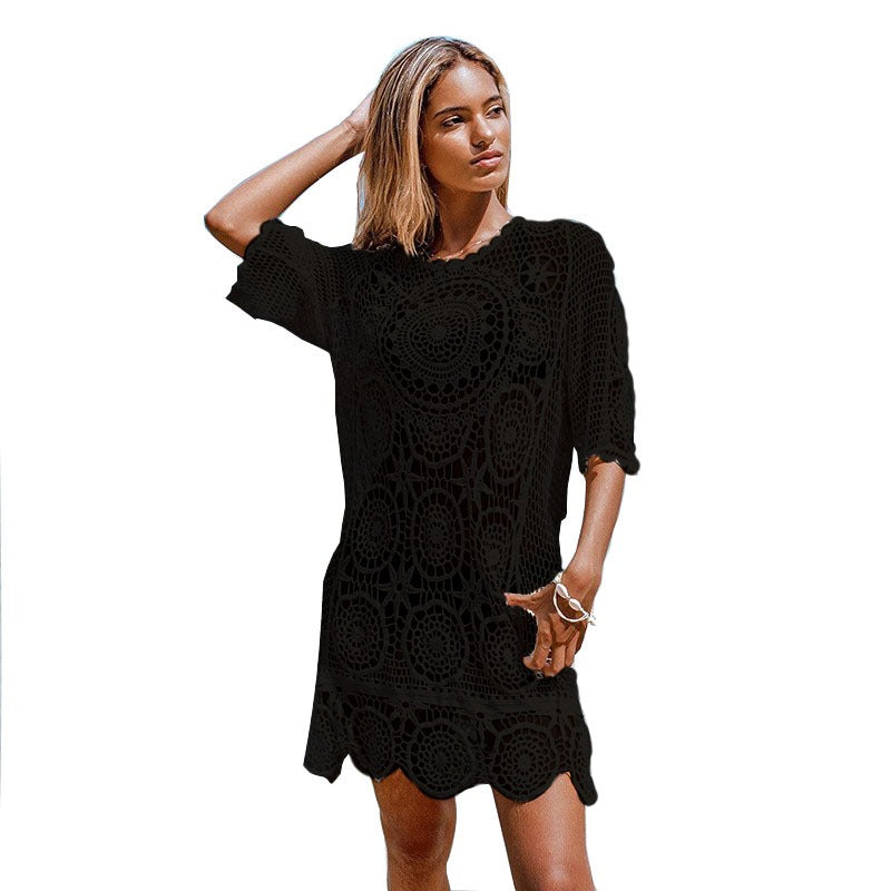 Beach Lace Skirt, Hollowed Out Sun Protection Cover Up, Short Sleeved Sun Protection Beach Bikini Cover Up Skirt