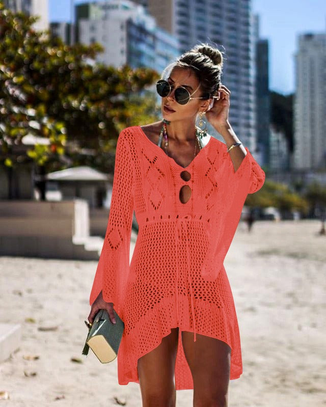 Hollow Out Sunscreen Shirt, Flared Sleeve Beach Cover Shirt, Bikini Cover Shirt, European and American Knit Shirt, Swimsuit