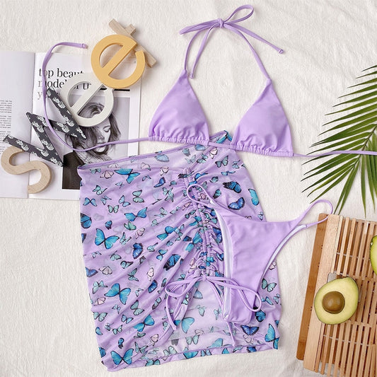 3-piece high waist mesh swimsuit Sexy triangle micro bikini set Butterfly print swimwear women String solid halter bathing suit