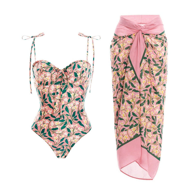 Sexy Bikinis Set Swimsuit Skirt Summer Women Push Up Print Swimwear Beach Dress Cover Up Monokini Bathing Suit