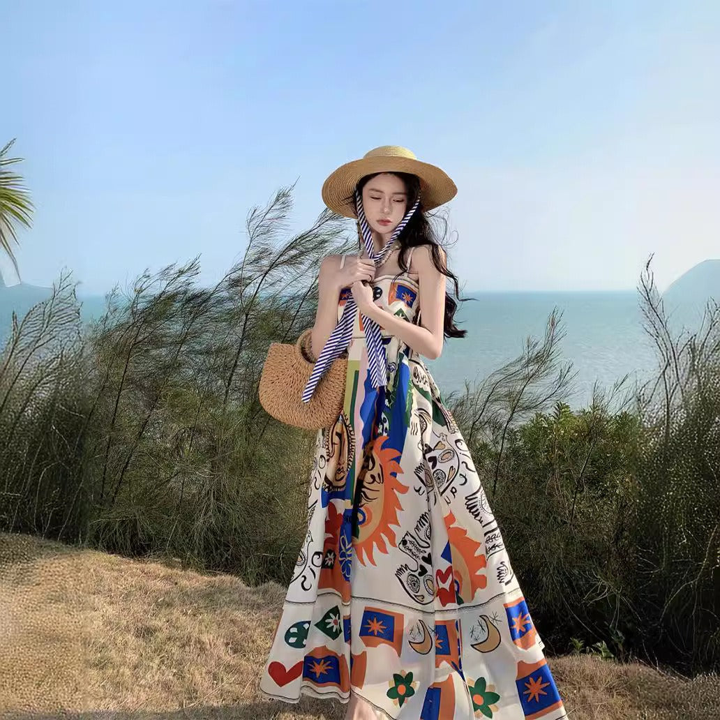 Colorful printed one shoulder sleeveless beach long dress beach strapless suspender dress for women