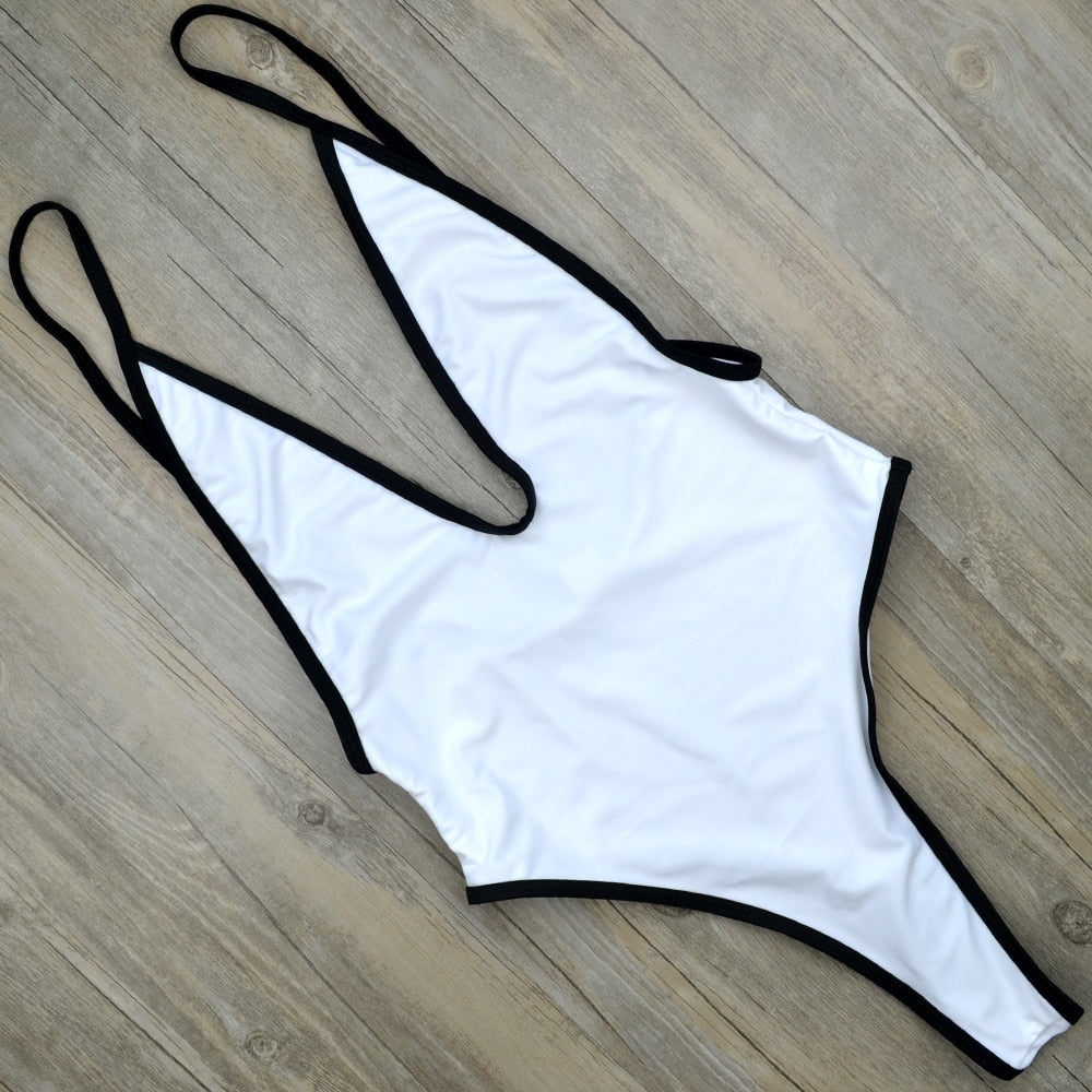 White Sexy Deep V One Piece Swimsuit Thong Swimwear Women Trikini 2018 Bodysuit High Cut Female Monokini Backless Bathing Suit