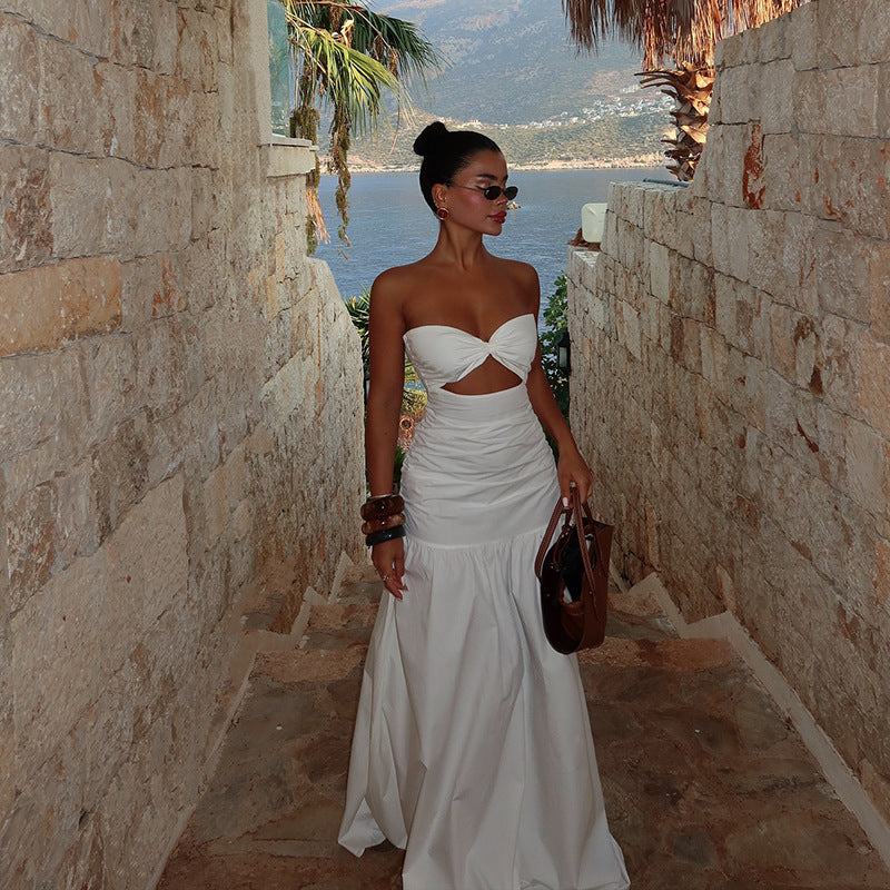 Beach style fake strapless hollow dress for women