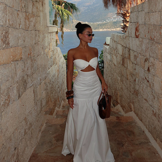 Beach style fake strapless hollow dress for women