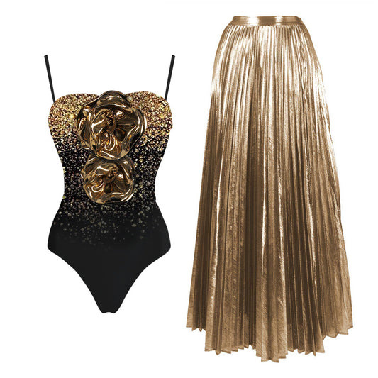 Vintage Swimsuit and Skirt 3D Bow-tie One Piece  Swimwear Women Bikini set  Bathing Suit Two-pieces beach dress Monokini
