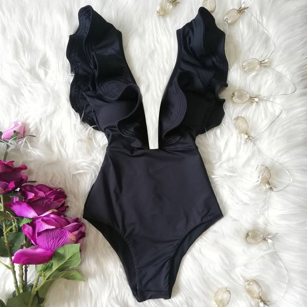New Print Swimwear Deep V-neck Ruffle Swimsuit Push Up One Piece Swimsuit Beach Wear Backless Monokini
