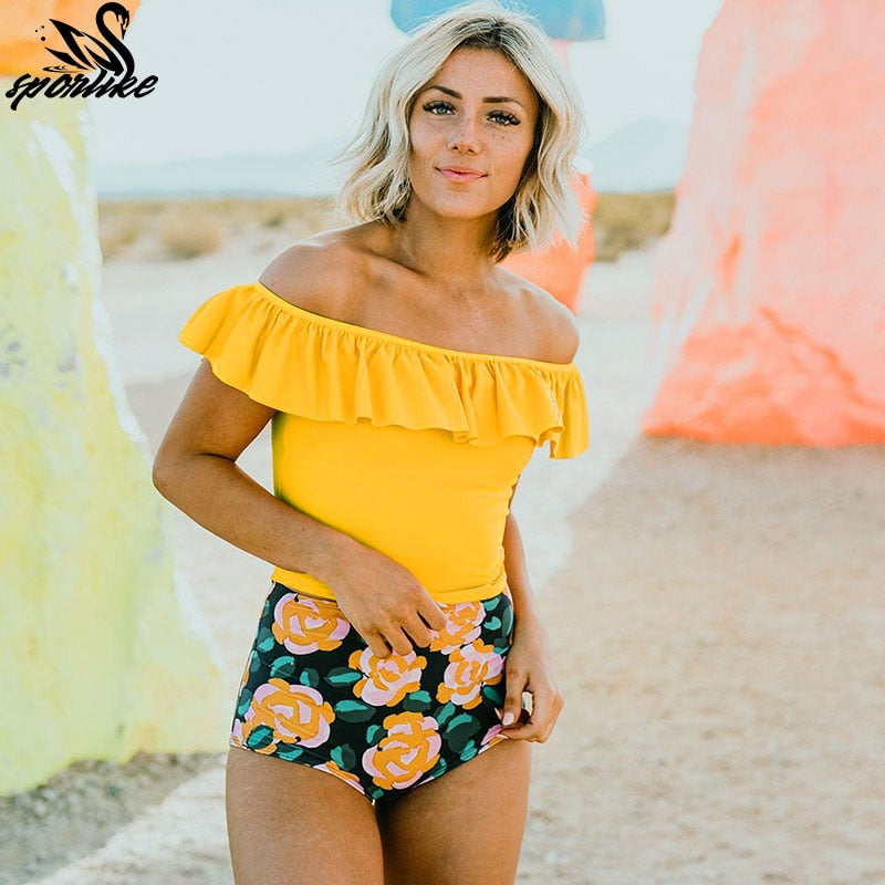 Sexy Tow Pieces Bodysuits Print Swimwear Women Swimsuit Shoulder Ruffle Bathing Suit Beach Wear Plus Size Tankini