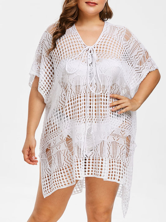 Plus Size Side Slit Crochet Beach Dress Women Asymmetrical Cover Sexy Up Short Sleeves V-Neck Summer Casual Dress Vestido