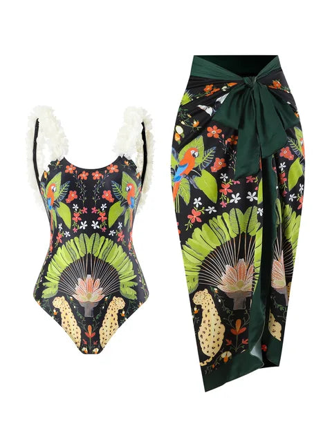 Print Bubble Band One-piece Swimsuit Conservative One-Piece Suits Women Beach Slim Bikini and Skirt Vintage Swimsuit