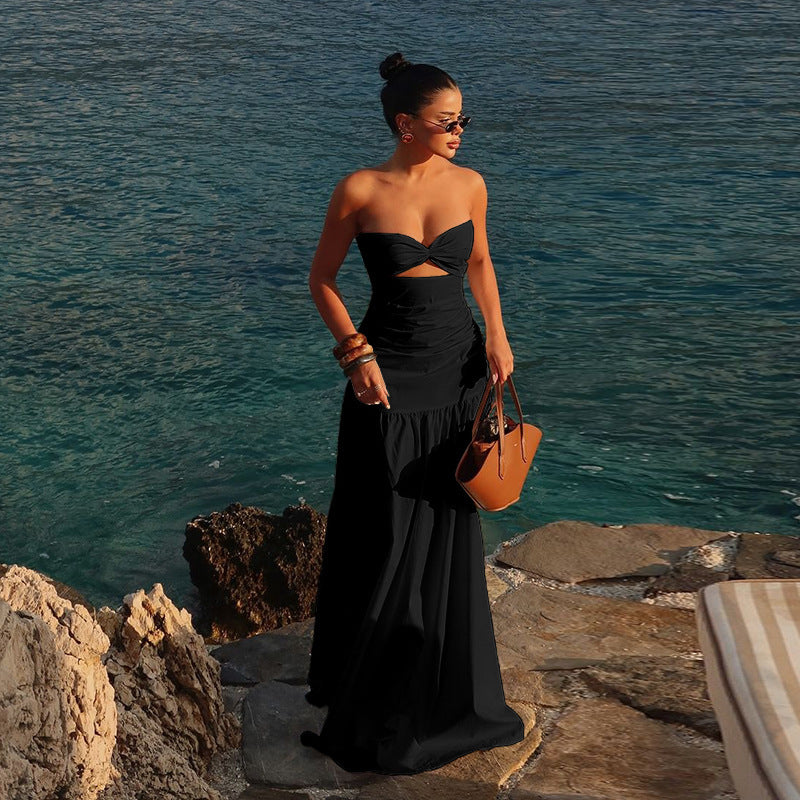 Beach style fake strapless hollow dress for women