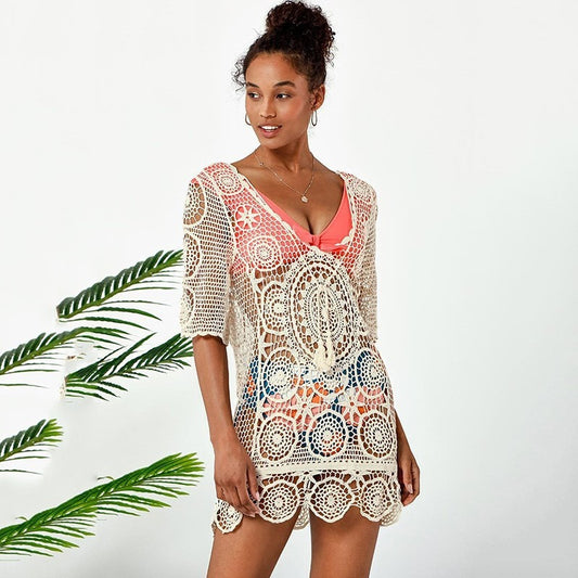 Lace Short Sleeve Beach Cover-Up Skirt