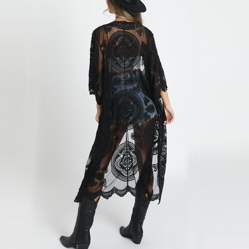 Loose Floral Lace Bikini Crochet Beach Cover-up Long Sun Protection Cardigan