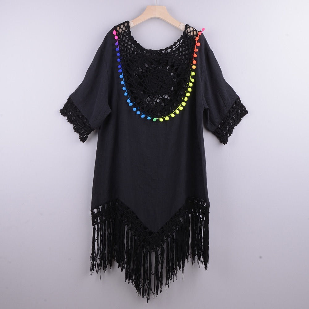 Hand Hook Large Circular Patchwork Loose Tassel Resort Style Beach Cover